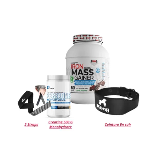 Iron Mass 3 Kg + Monohydrate Creatine 500 G + Ceinture En Cuir + 2 Straps Iron Mass 3 Kg + Monohydrate Creatine 500 G + Ceinture En Cuir + 2 Straps